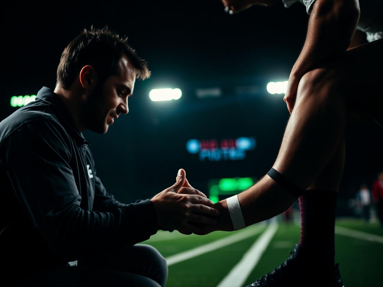 Athletic trainer taping an athlete's ankle on the sideline