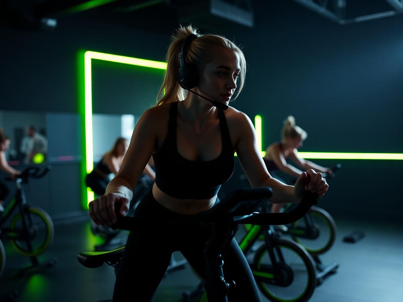 Group fitness instructor with headset leading a cycling class