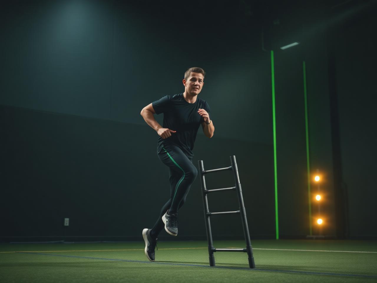 Sports performance coach running an agility ladder drill